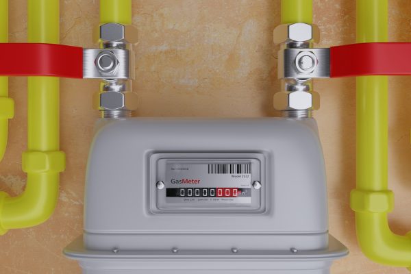 Natural gas home utility distribution. Consumption meter and yellow pipeline on wall, 3d render